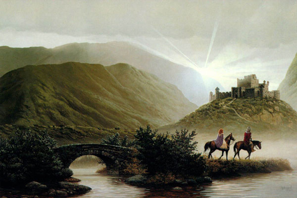 Здесь  на фоне прекрасного замка едут на конях 

дева и доблестный рыцарь, и солнце светит прямо на замок, и вокруг - 

благодать, в общем,  замечательная была 

картинка